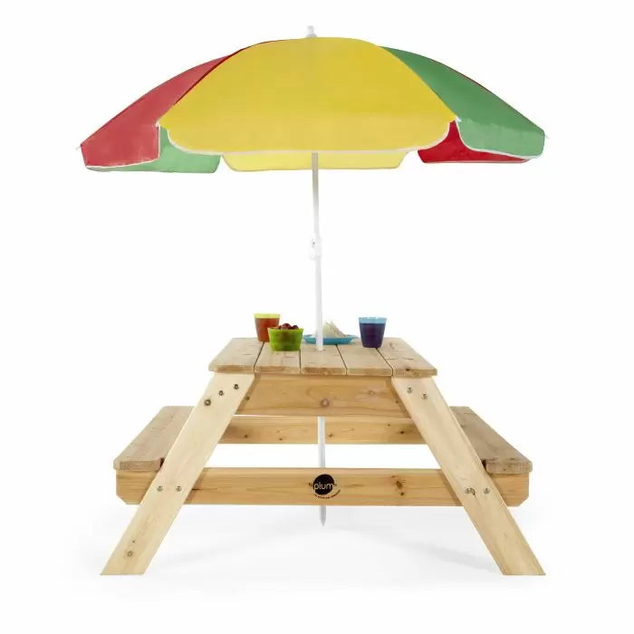 Plum Wooden Picnic Table with Benches & Parasol | Outdoor Games, Drawing, and Eating Table